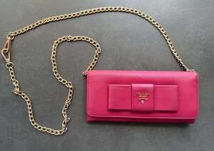 Prada Saffiano Bow Continental Wallet Pink Leather Fiocco Gold Chain Crossbody C